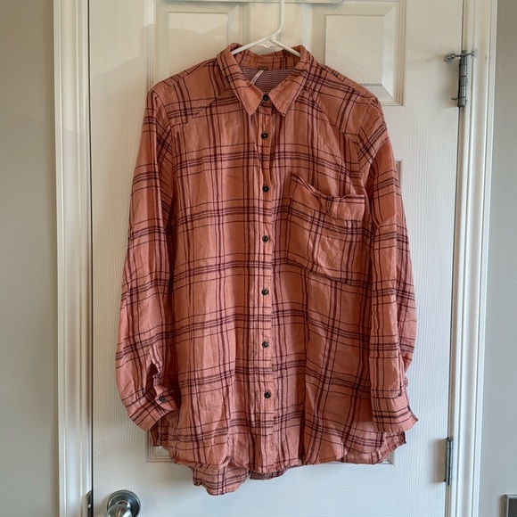 Free People - 100% Linen Oversized Plaid Top - M - Picture 1 of 7